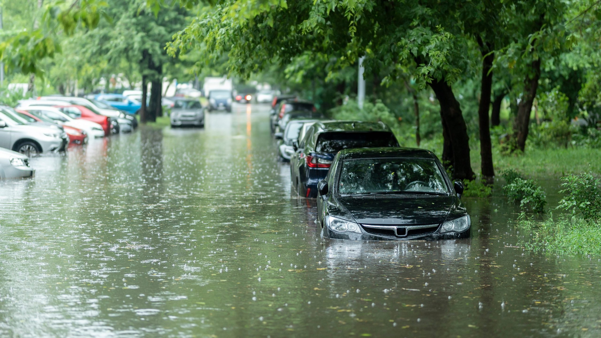 Half-flooded cars parked on the road during one of the london floods, caused by a break in the flood defences